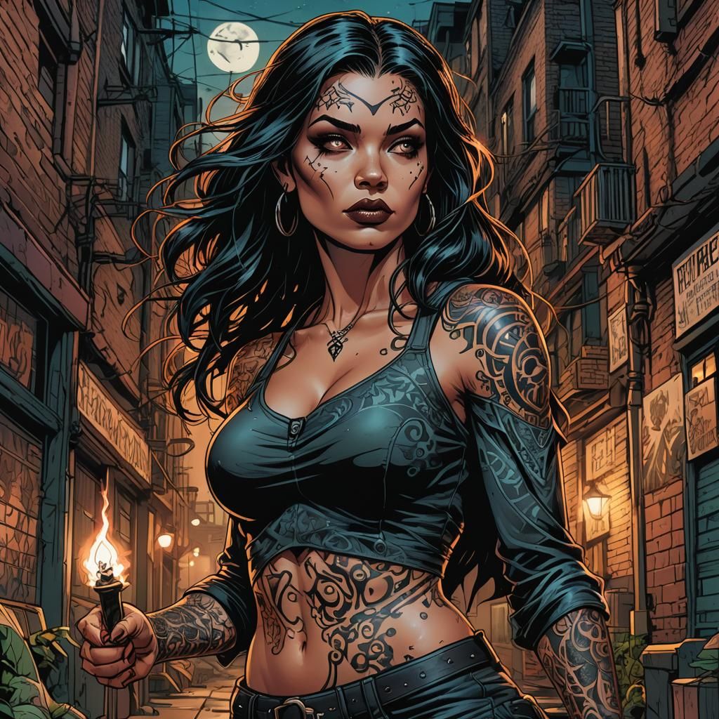 Urban Witch with Glowing Tattoos in Comic Book Art