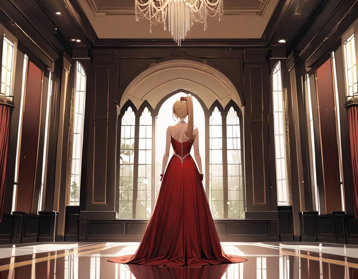 Woman in Red Gown Bends in Hall Lounge