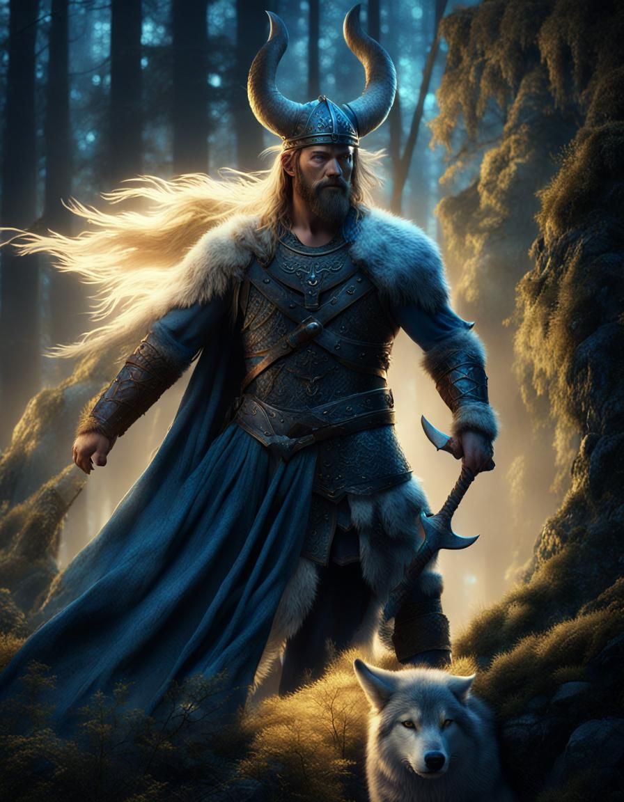 Viking Warrior Embracing Wolf in Mystical Forest