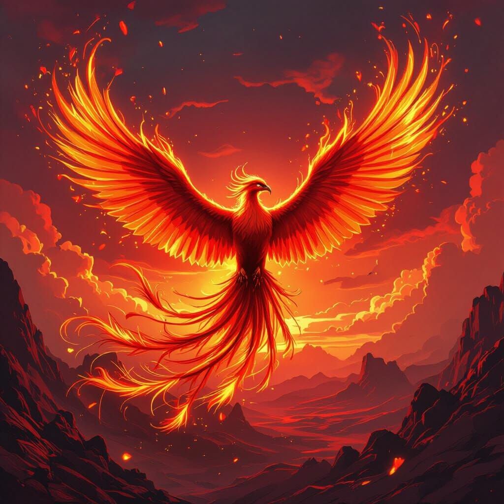 Majestic Phoenix Soaring Through Fiery Red Sky in Graffiti A...