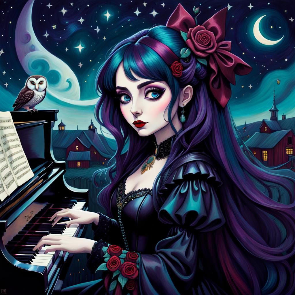 Goth Girl Plays Piano: Neo-Cubism Surrealism