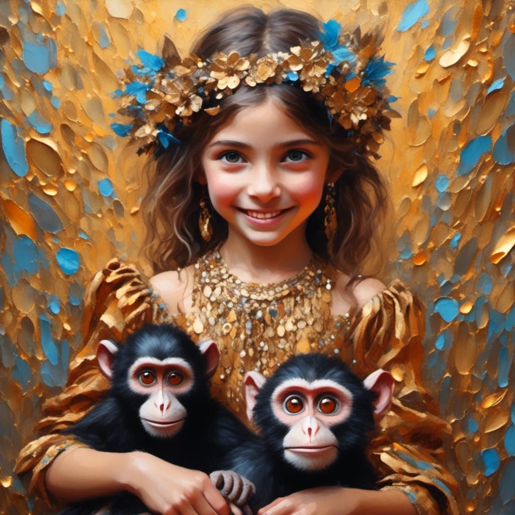 Gypsy Girl Holds Mischievous Monkey in a Vibrant Oil Paintin...
