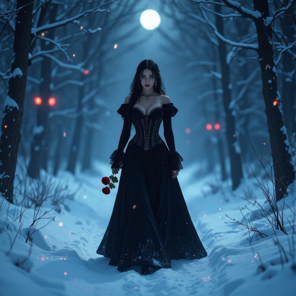 Gothic Woman in Snowy Forest at Night