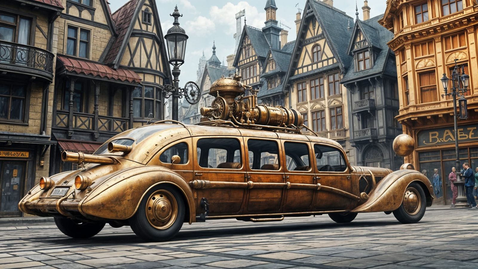 Vintage Steampunk Automobile in a Bustling Fantasy Cityscape