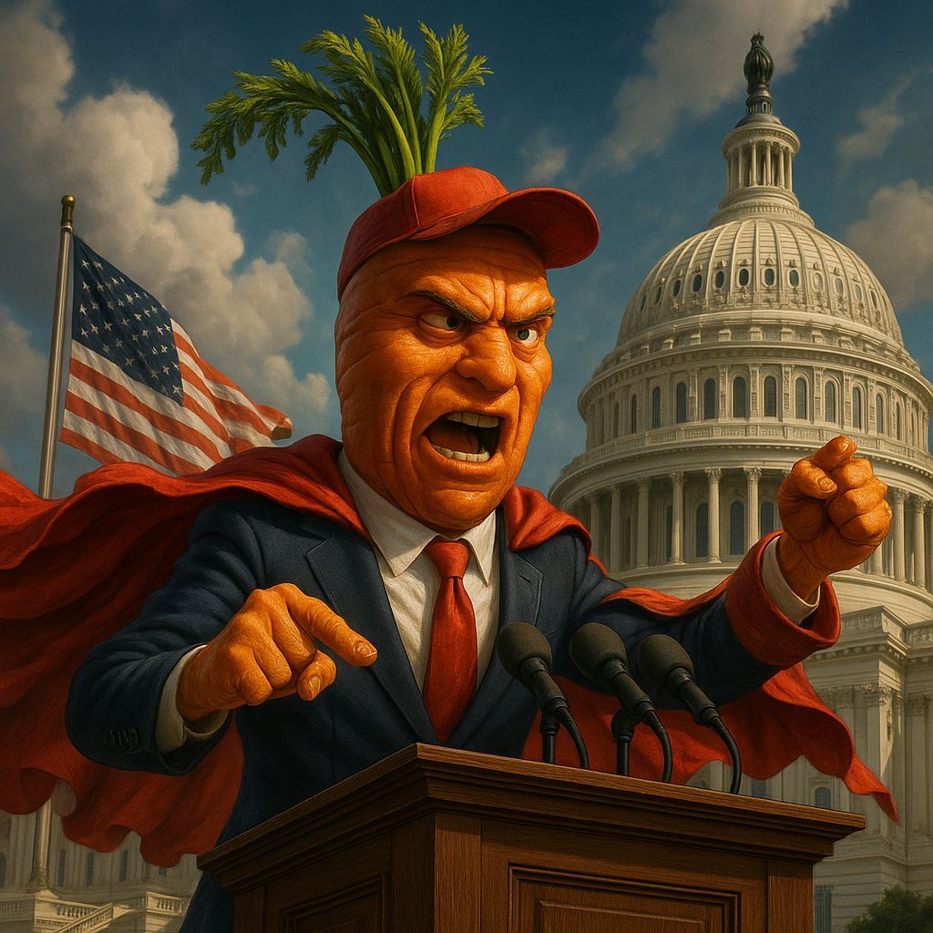 Anthropomorphic Carrot Politician Giving Speech in CGI