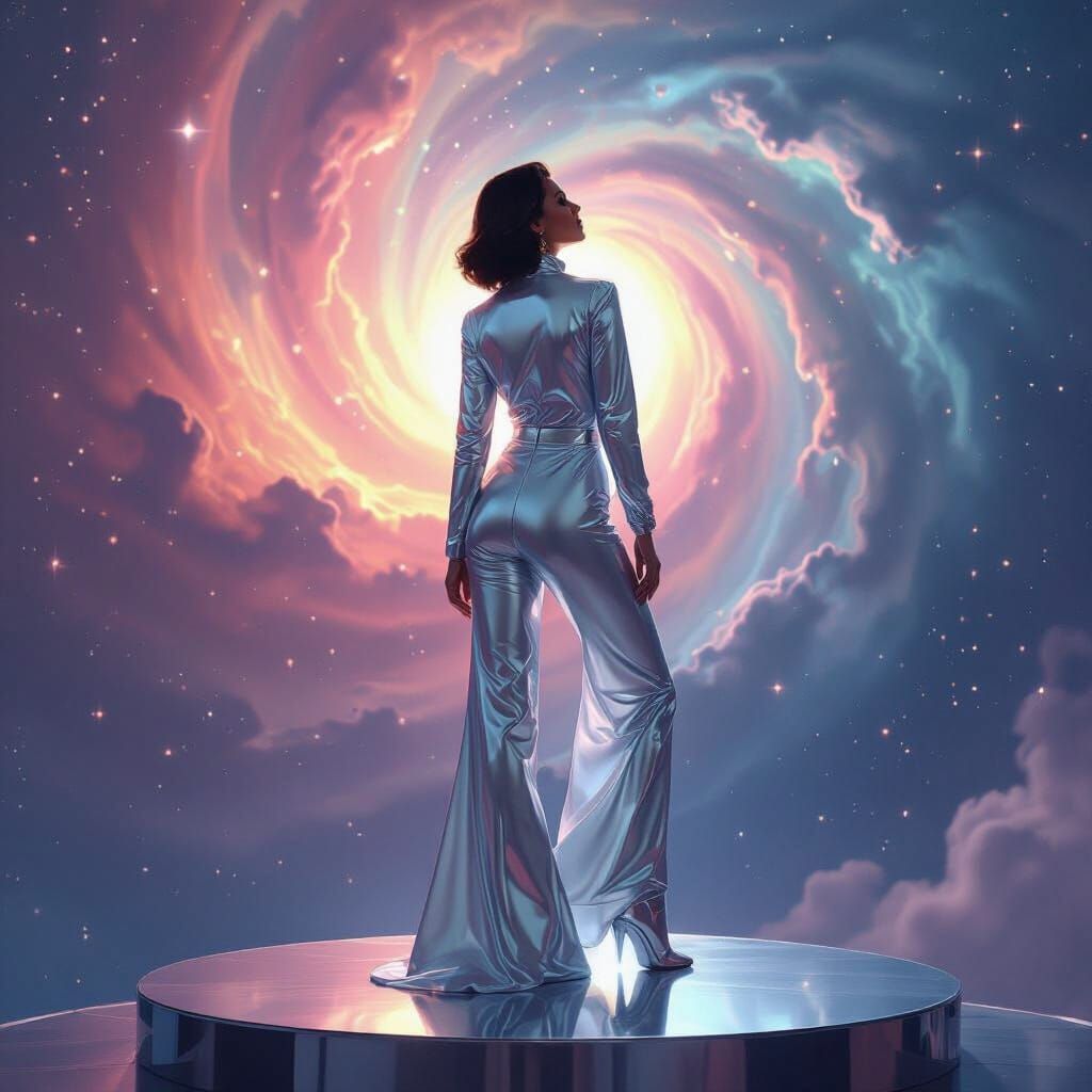 Retro-Futuristic Woman Gazing at Nebula in Airbrush Style