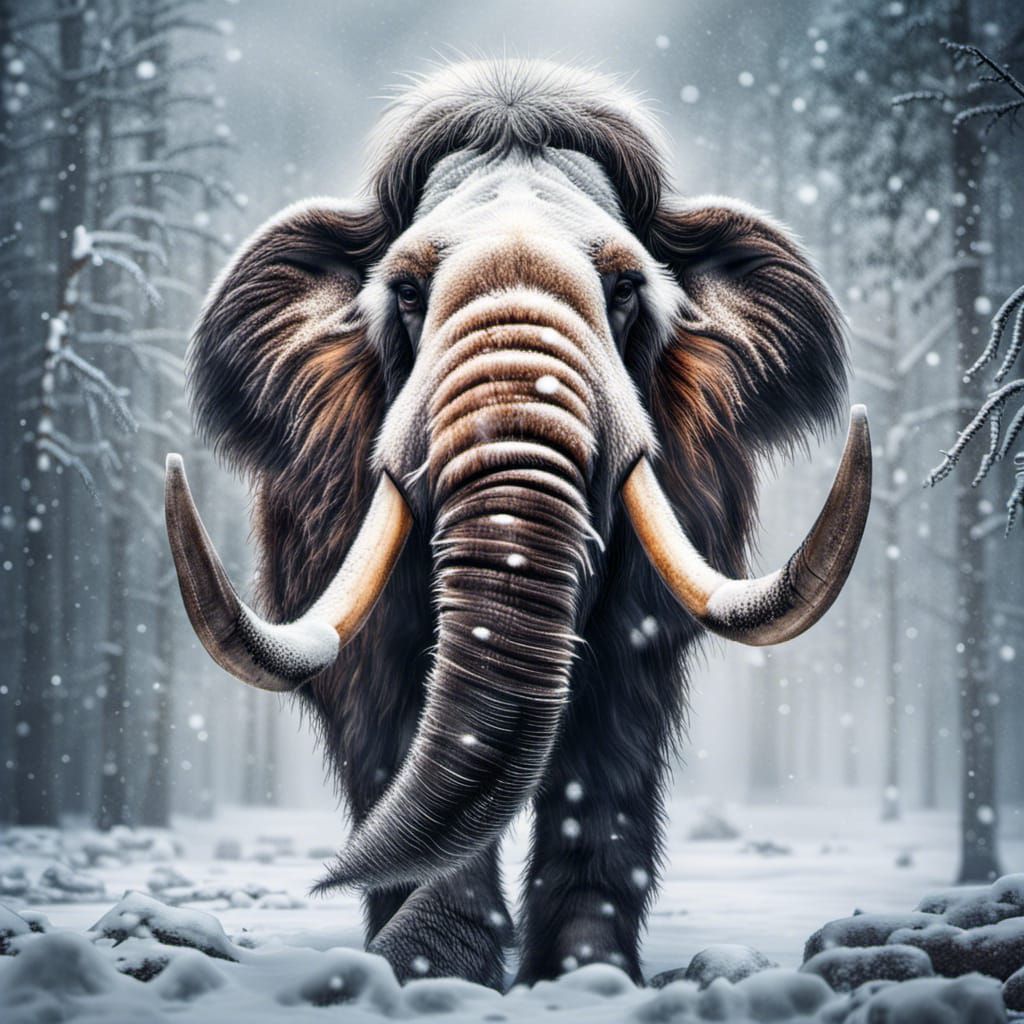 Hyperrealistic Mammoth Portrait in Snowy Landscape