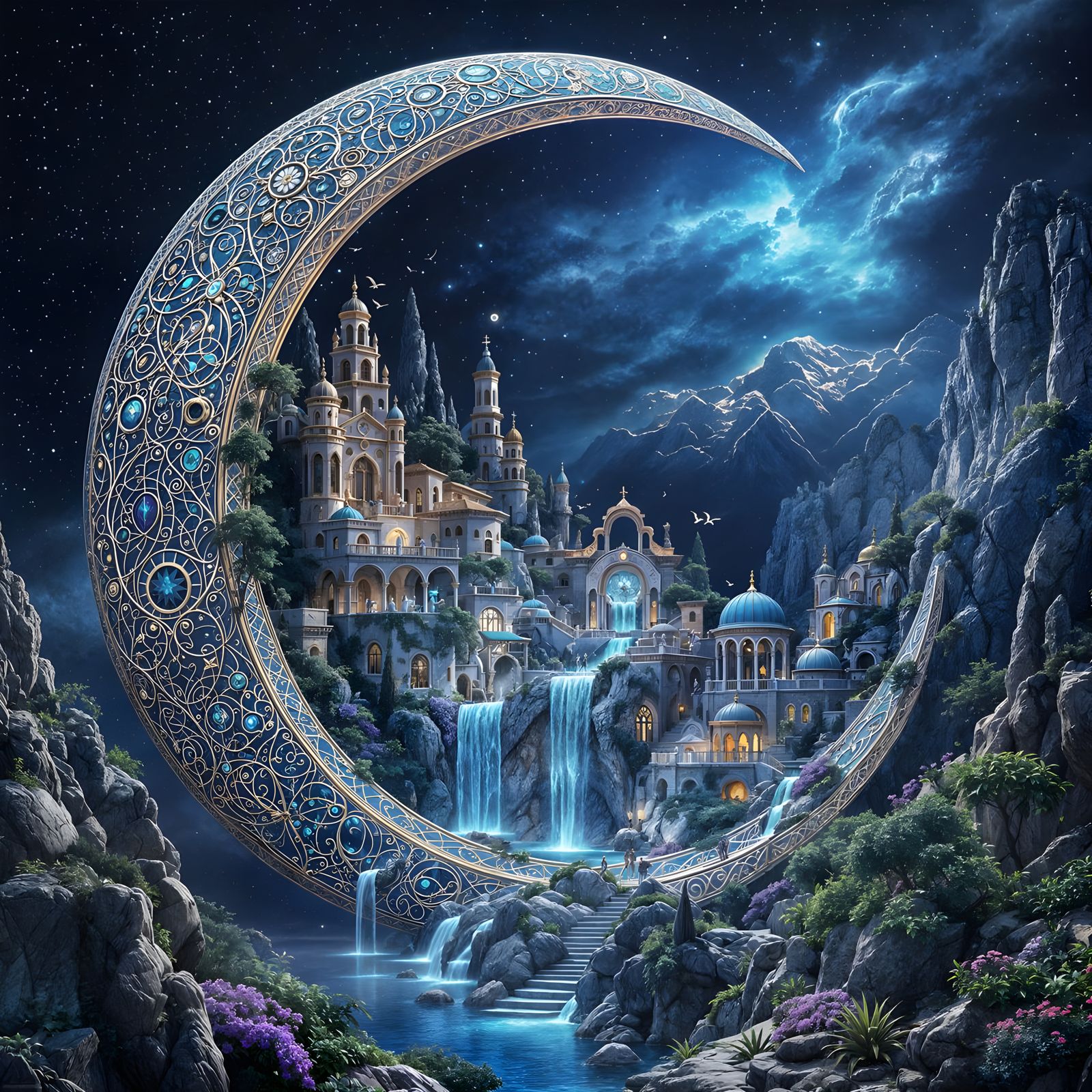 Fantasy Villa Village in Crescent Moon, Digital Art