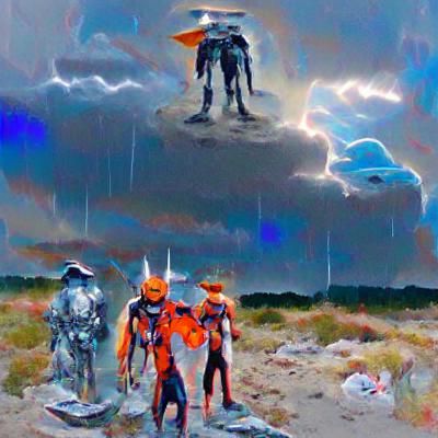 Futuristic Robot Knight in Cloudy Lightning Sky