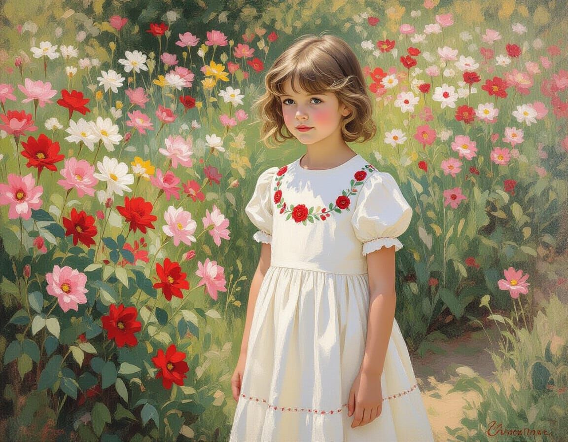 Girl in Flower Garden, Impressionistic Style