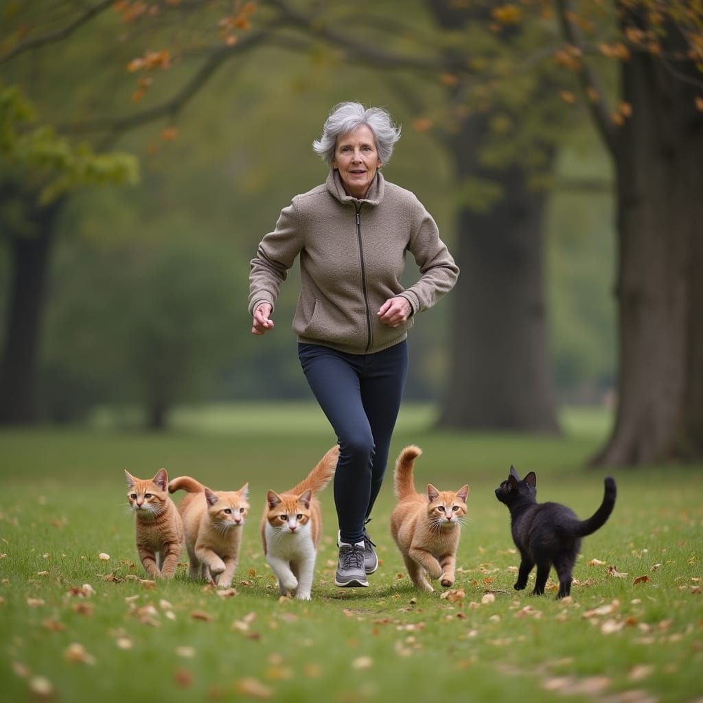 Woman Running in Park with Cats