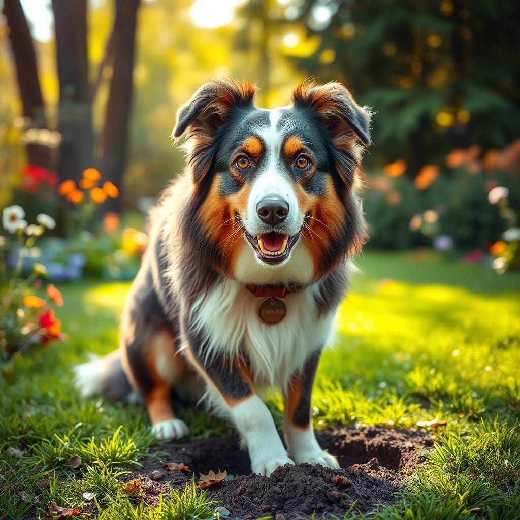 Australian Shepherd Digging in a Lush Garden