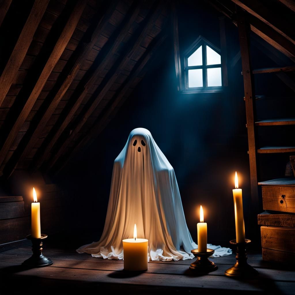 Ghostly Apparition in a Candlelit Attic