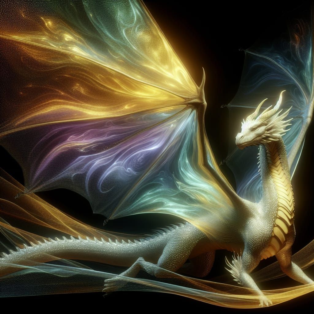 Iridescent Dragon Soars with Shimmering Translucent Wings