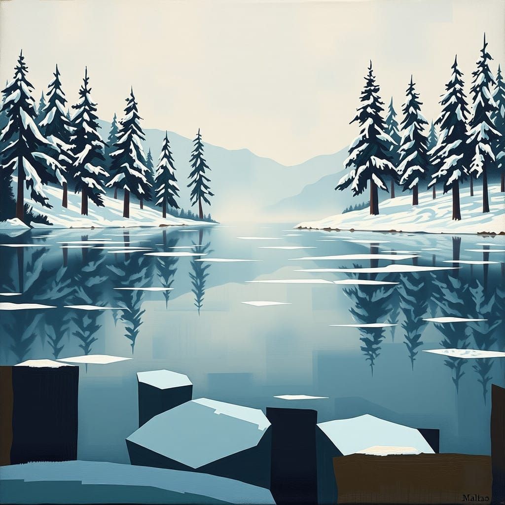 Surreal Winter Lake Scene in Early 20th-Century Modernist St...