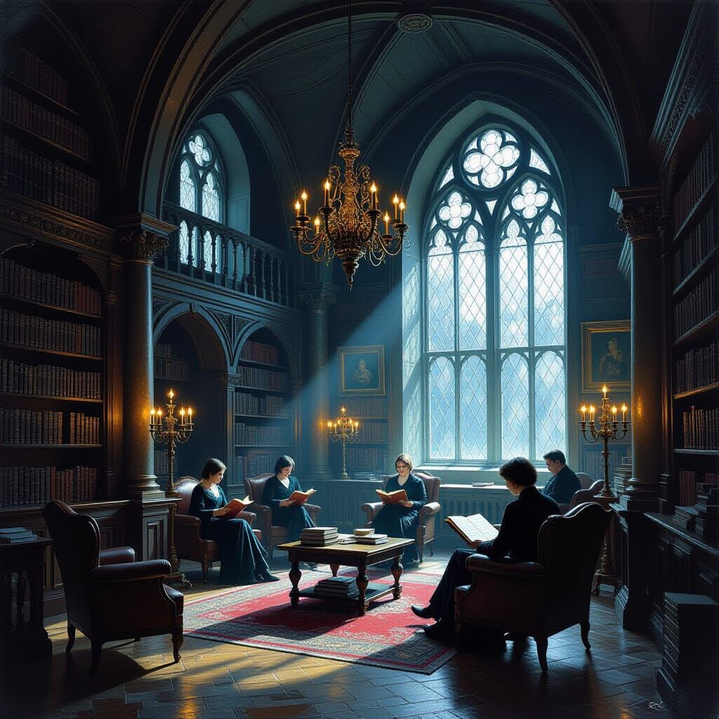 Gothic Reading Room in Oil Painting Style