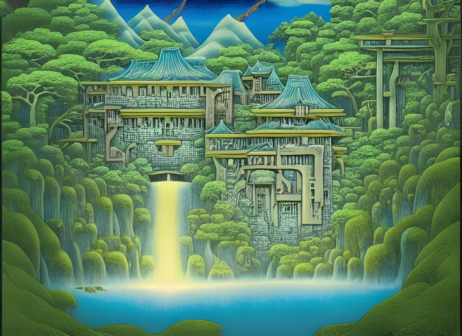 Surreal Fortress Dungeon Entrance by Waterfall