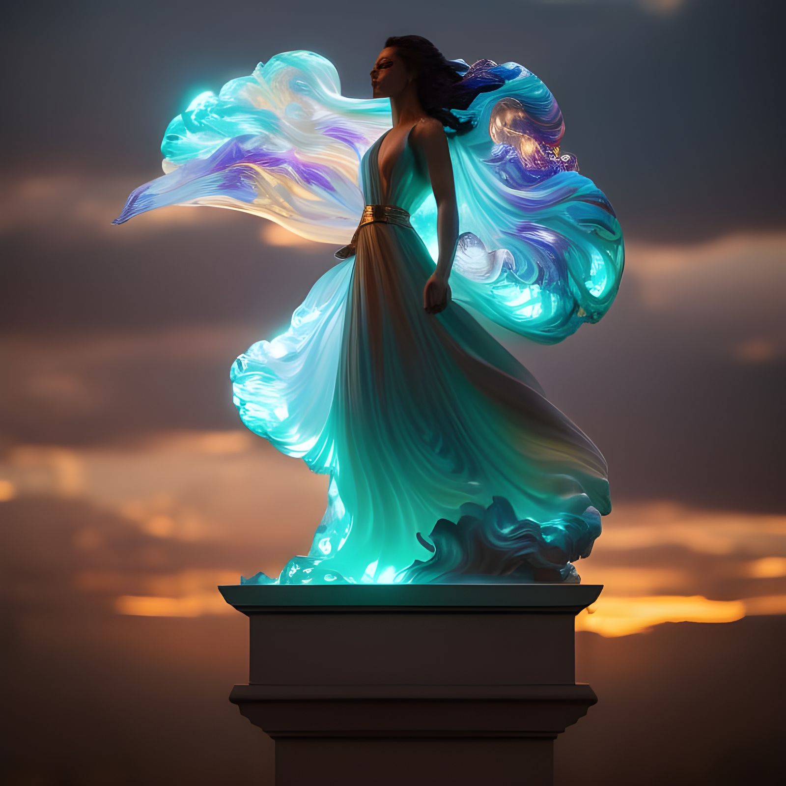 Glass Woman Statue with Swirling Clouds: Digital Art