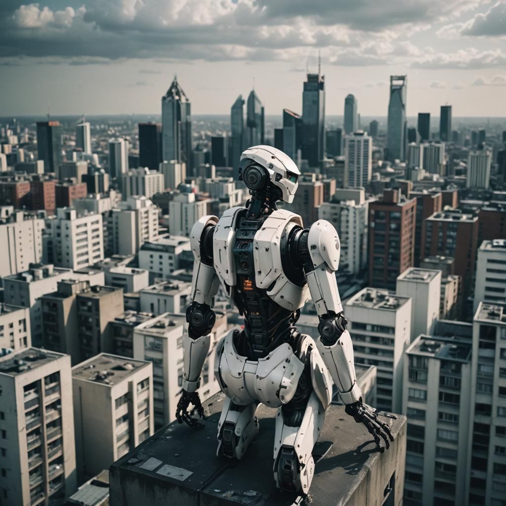 Dystopian Robot Contemplation in Sci-Fi Cityscape