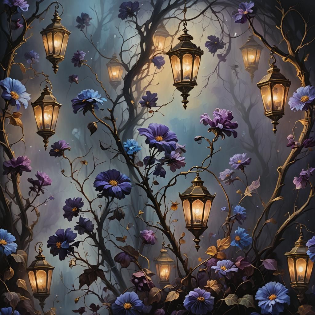 Eerie Blue and Purple Autumn Flowers as Oil Painting