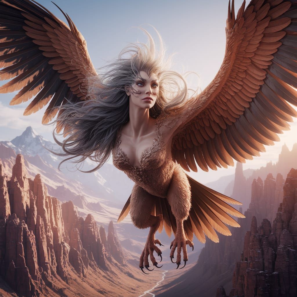 Harpy in Sunlit Canyon: Fantasy Concept Art