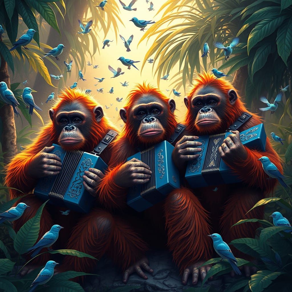 Orangutans in Earth-Toned Accordian Ensembles amidst Jungle...