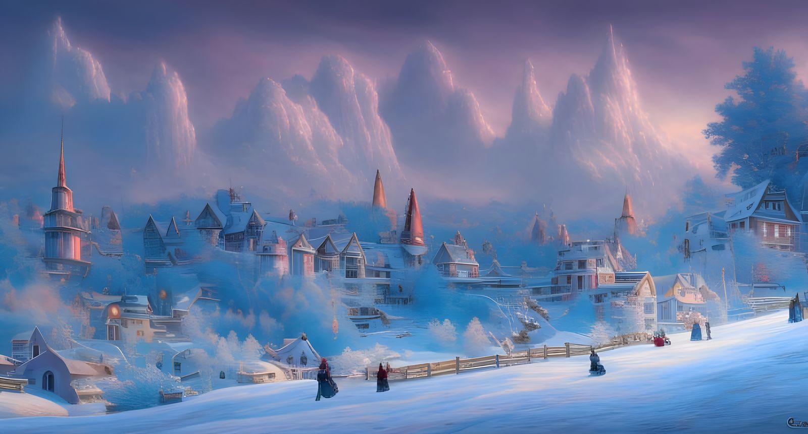 Colorful Winter Village in Fantasy Landscape