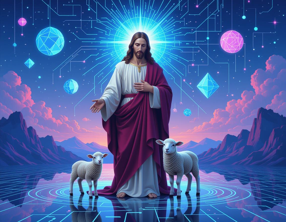 Jesus Christ Protects Lambs in Digital Renaissance Dreamscap...