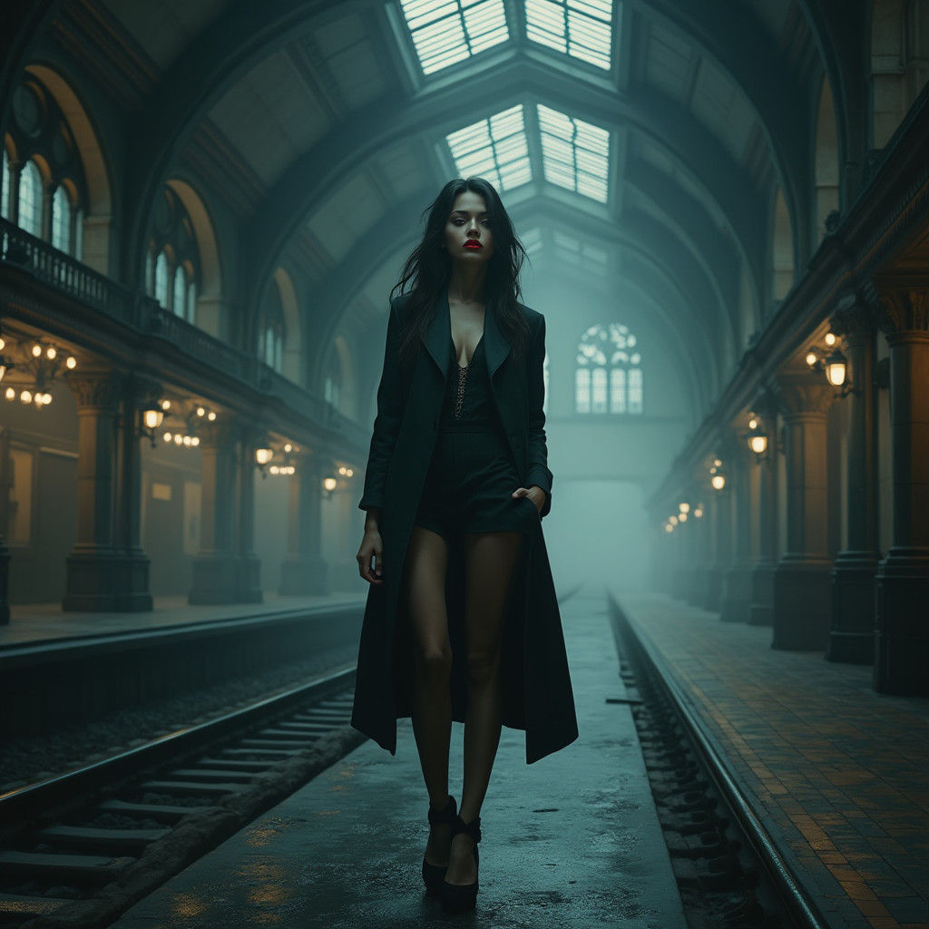 Melancholic Woman in Gothic Train Station