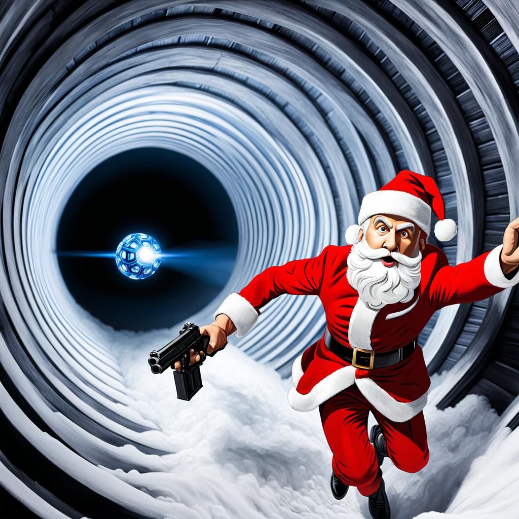 (Dr Who TARDIS  chasing James Bind down the   black and whit...