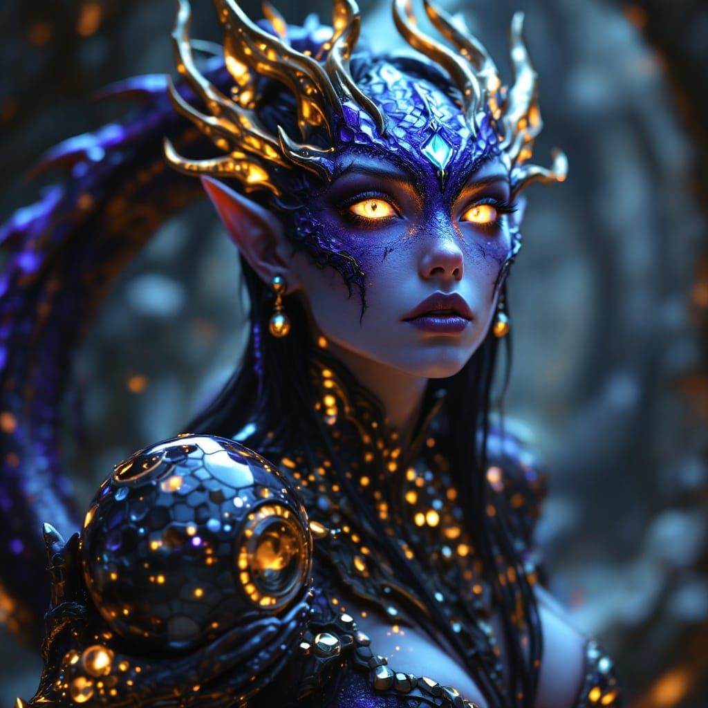 Goddess of the Cosmos with Glowing Blue Eyes and Exotic Armo...