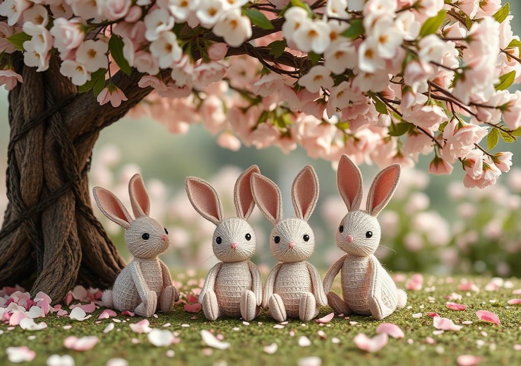 Whimsical String Rabbit Doll Family in a Fantastical Garden