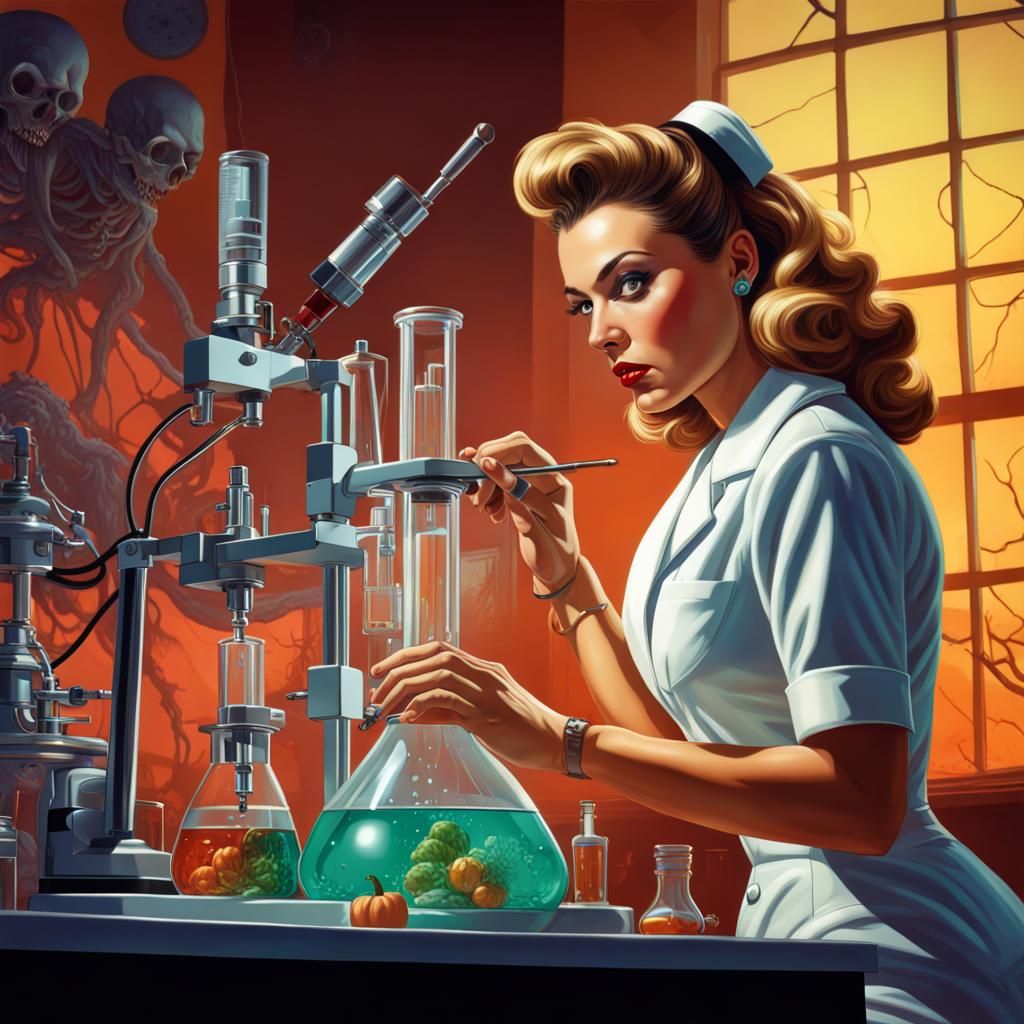 1950s Halloween Pinup Scientist in Lab