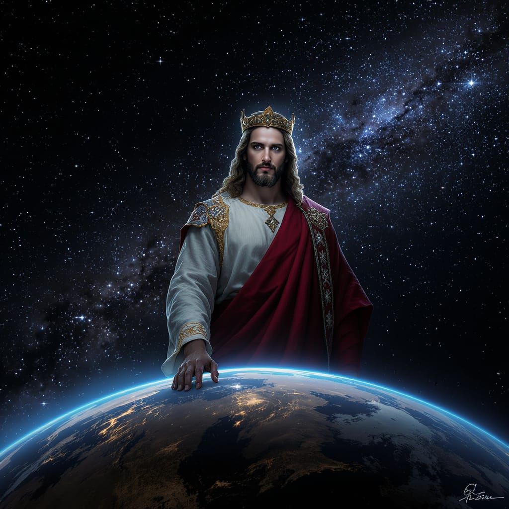 King Jesus with Earth and Milky Way, Hyperrealistic