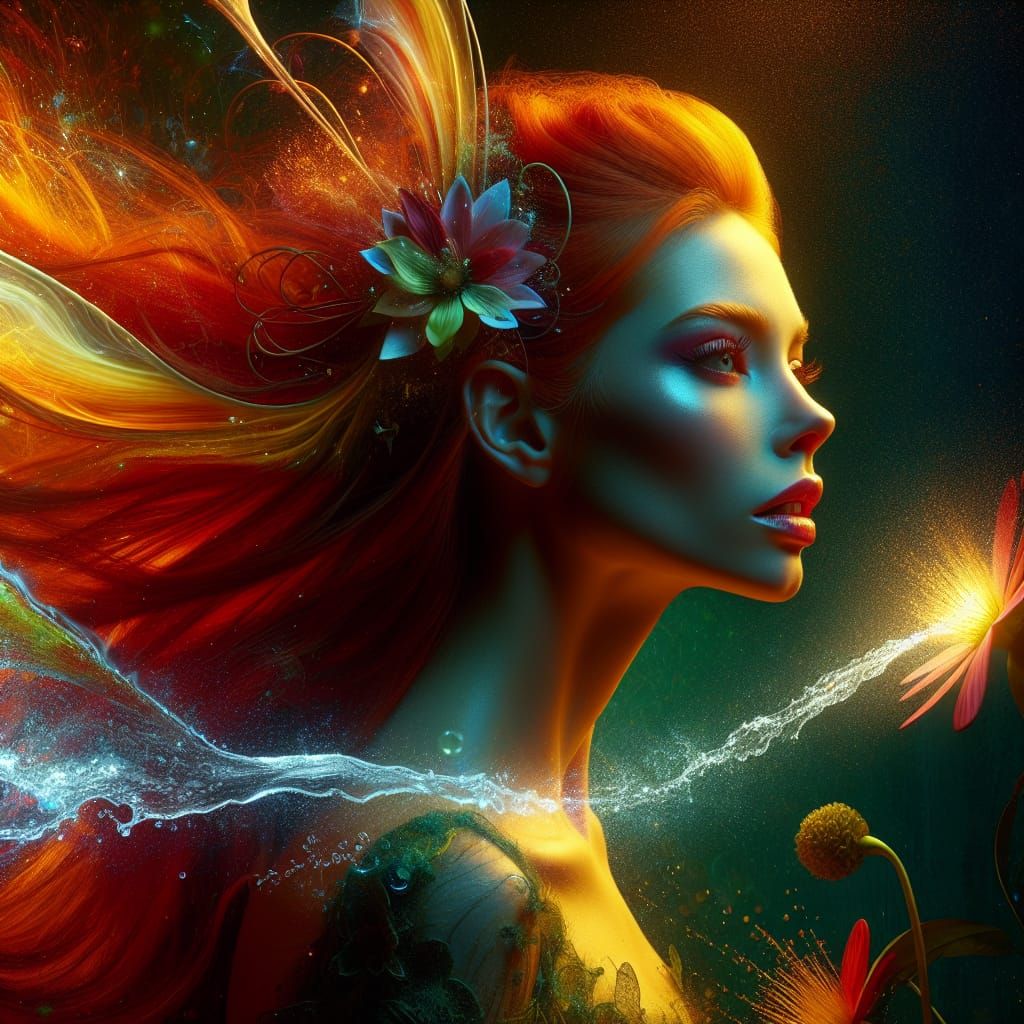 Redhead Fairy Waters Glowing Flower in Photorealistic Macro