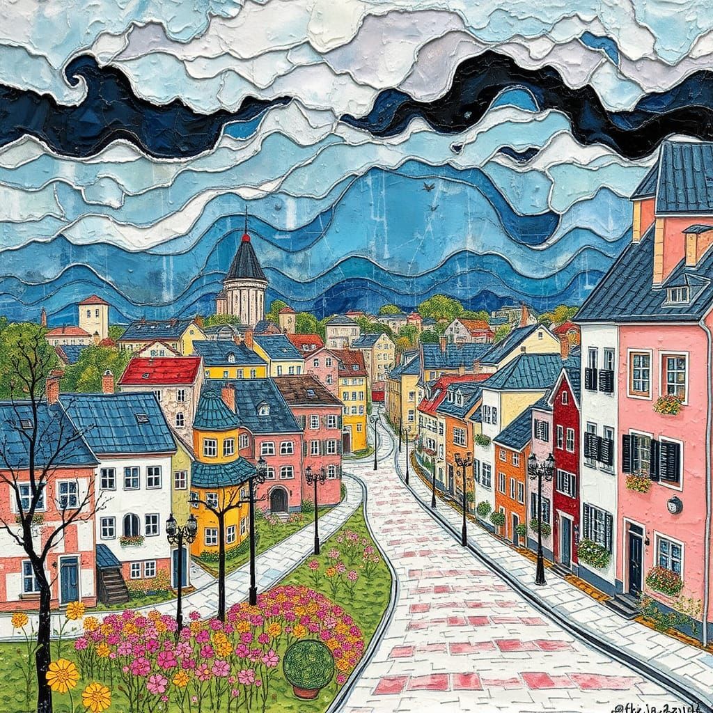 Turbulent Spring Storm in Scandinavian City: Naive Art