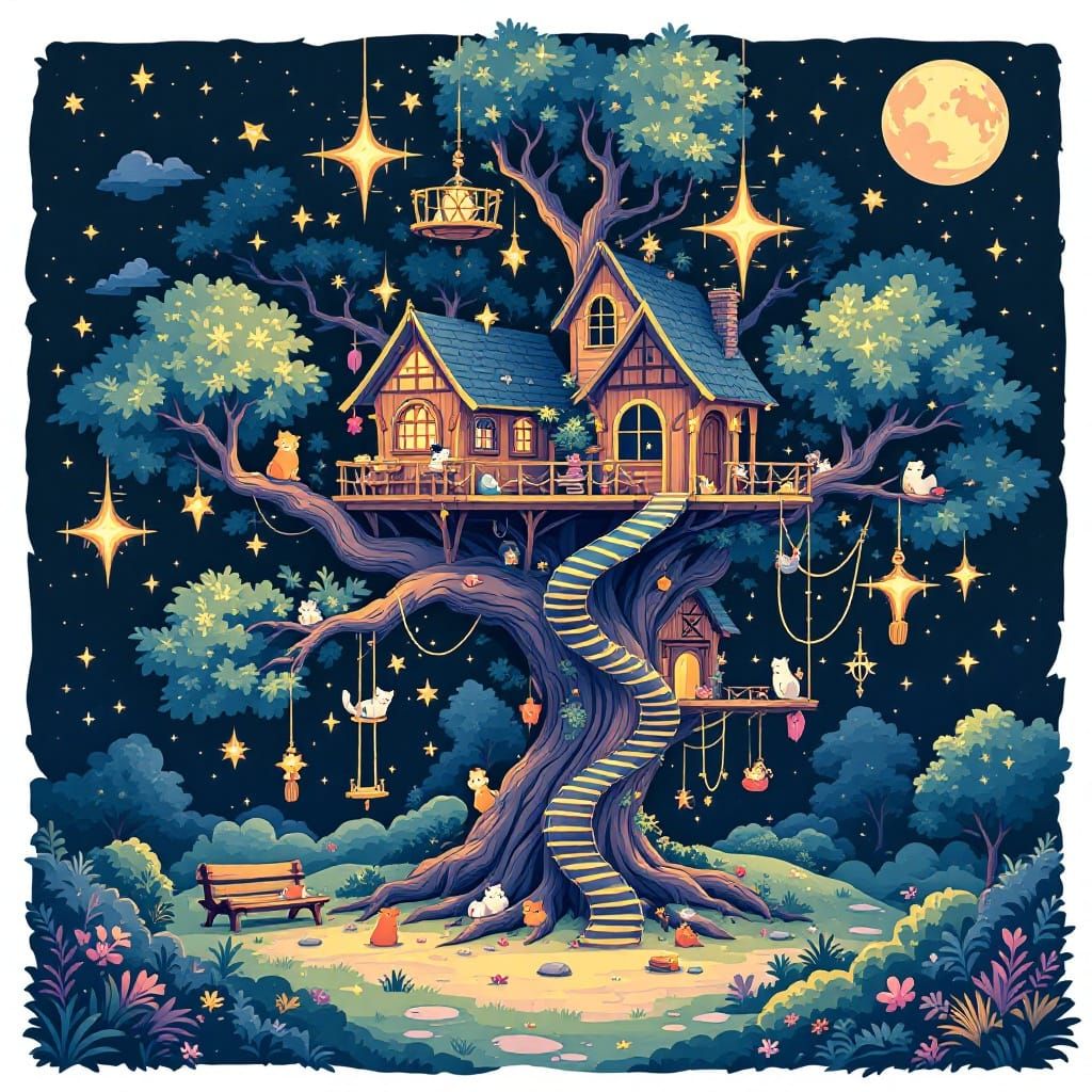 Majestic Fantasy Treehouse with Glowing Stars and Whimsical ...