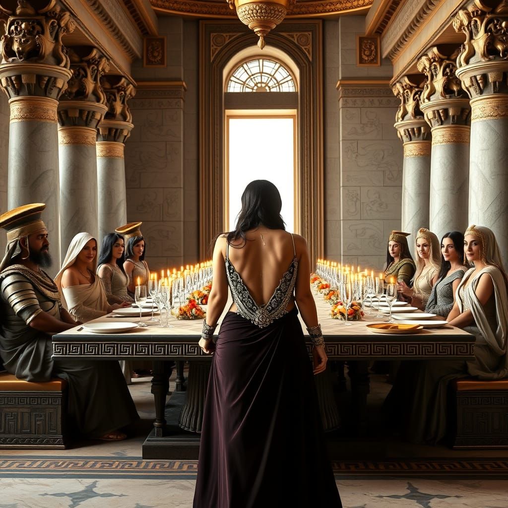 Elegant Sumerian Princess Enters Assyrian Palace Banquet