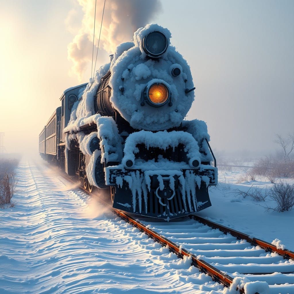 Ethereal Winter Locomotive on a Frosty Railway