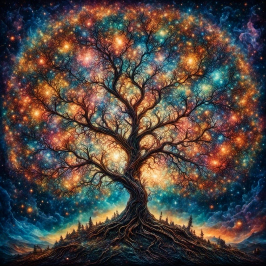 Opalescent Tree of Life in Cosmic Sky