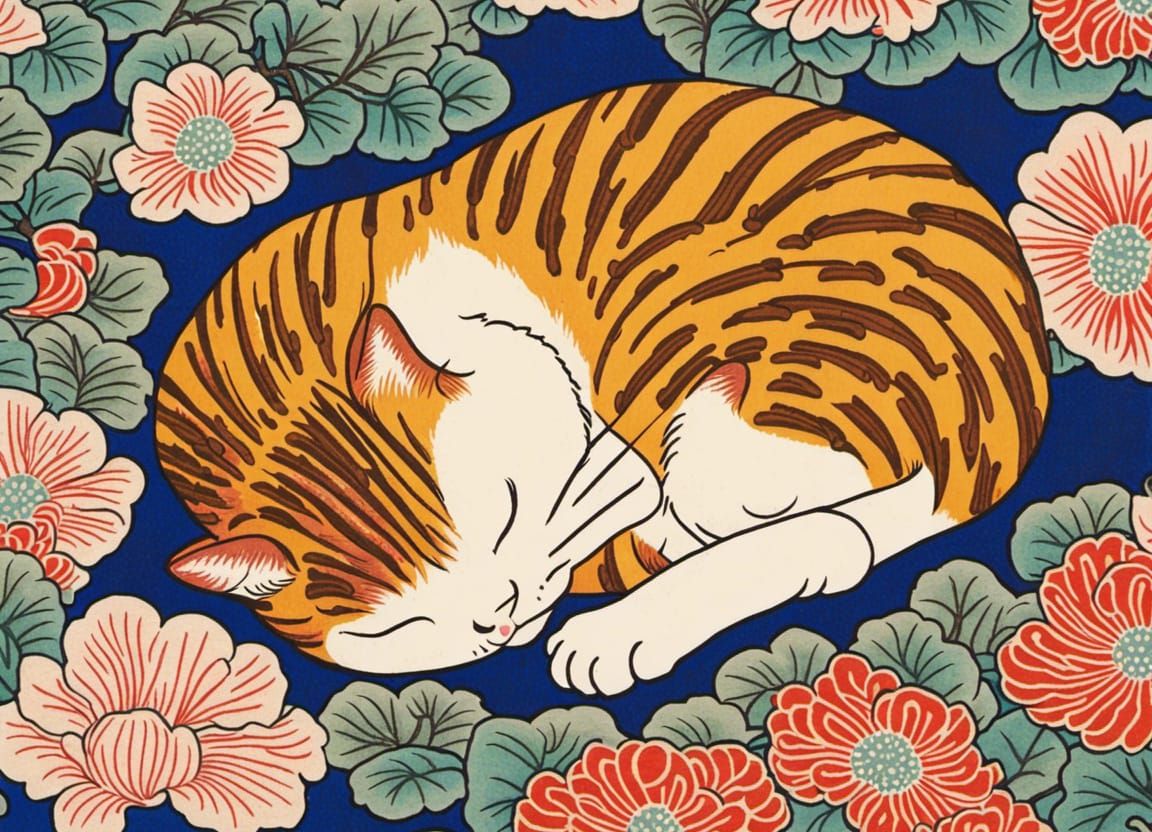 Ukiyo-e Cat: Vibrant Woodblock Print