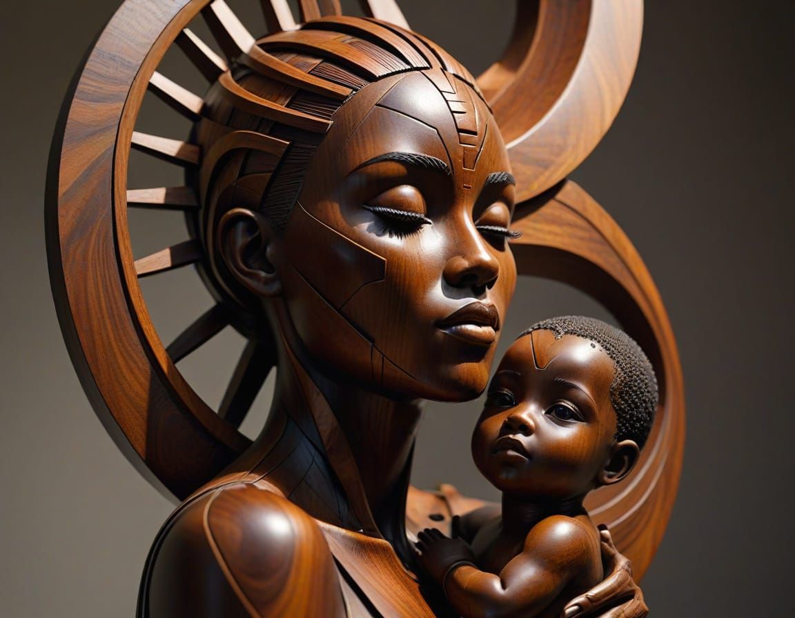 Surrealist Wooden Sculpture of African Mother and Child