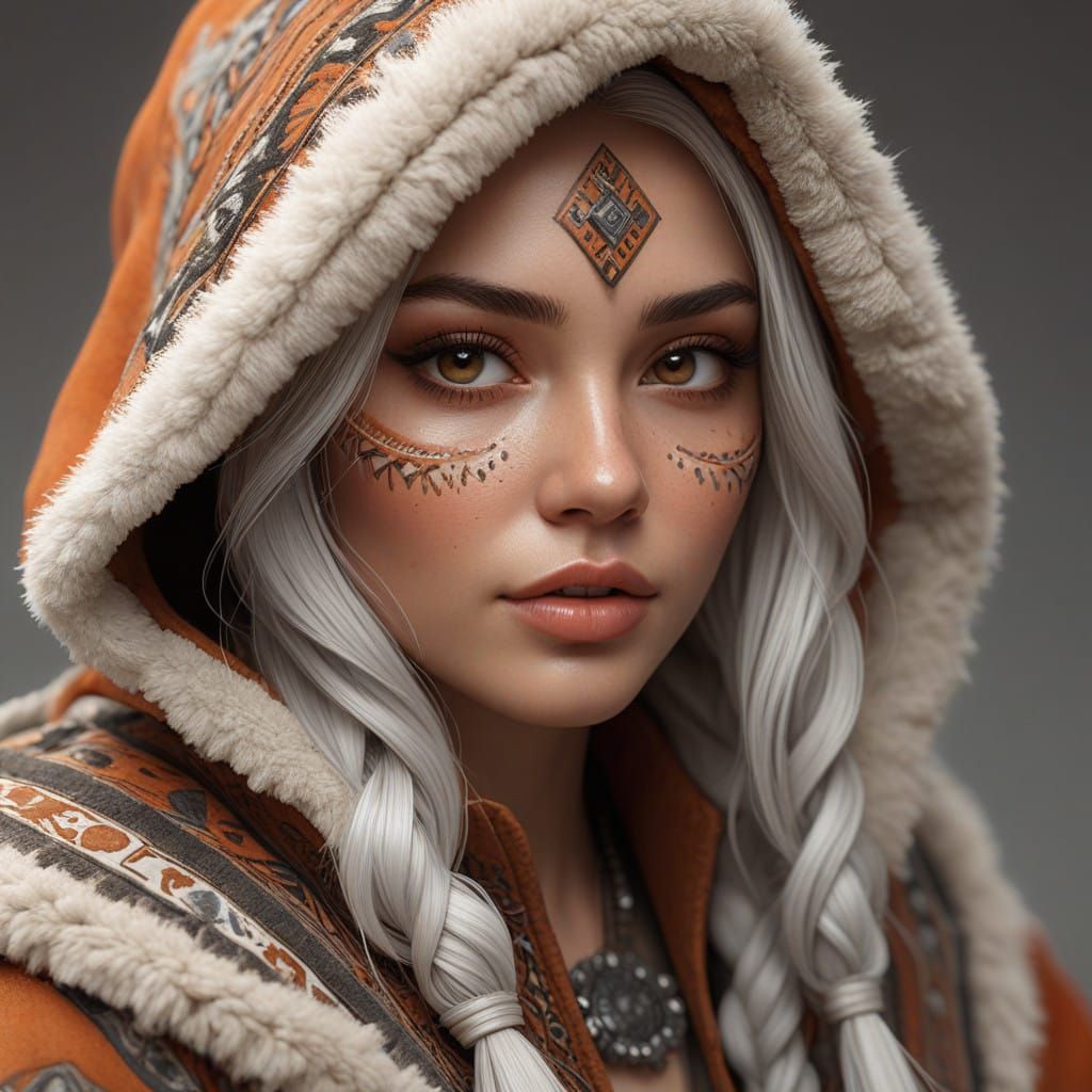 Mysterious Woman with Tribal Face Paint and Faux Fur Cloak