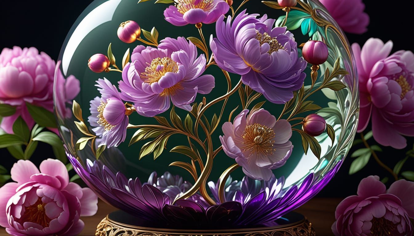 Art Deco Glass Sculpture: Lilac Tree Blooms Among Peonies