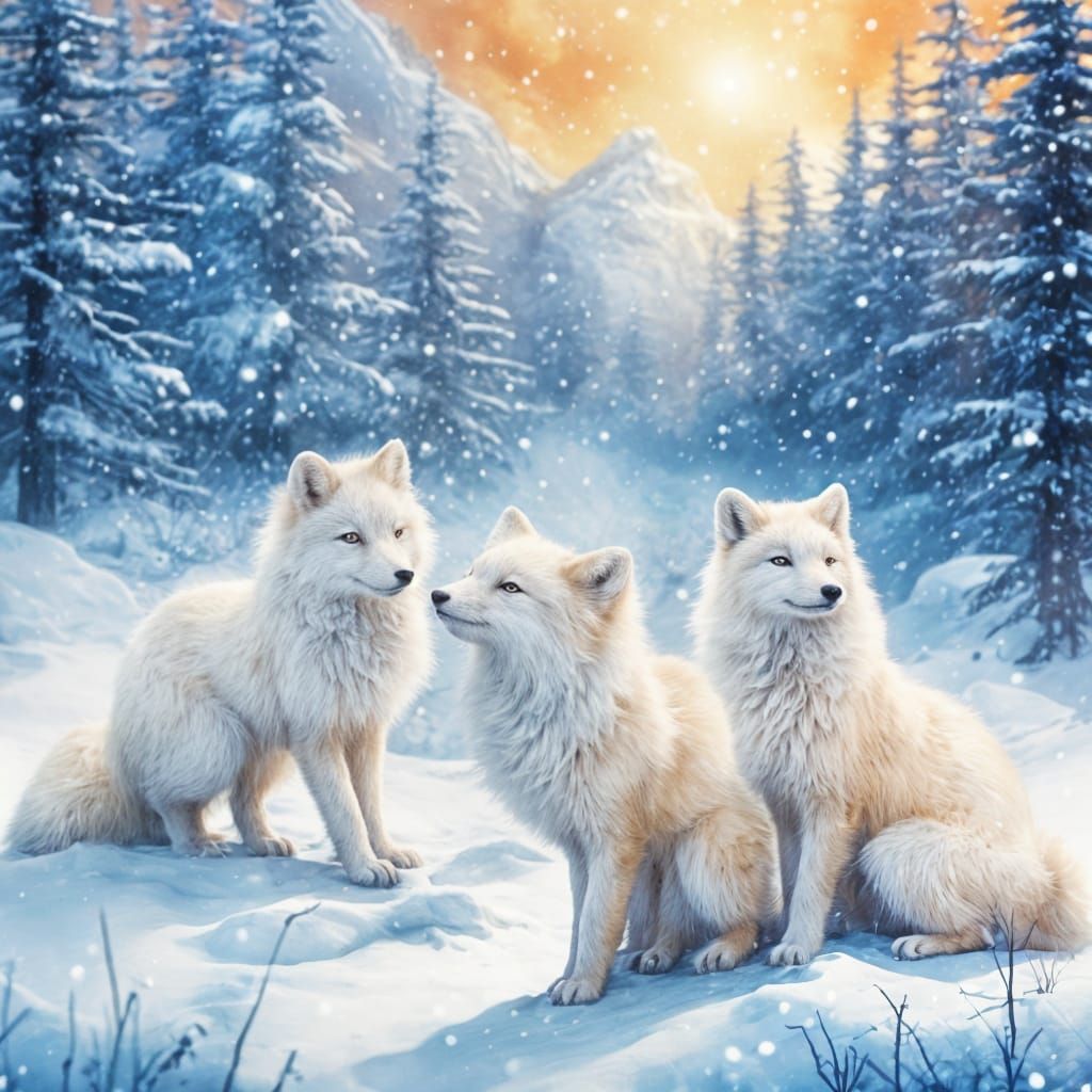 Arctic Fox and Cubs Playing: Storybook Illustration