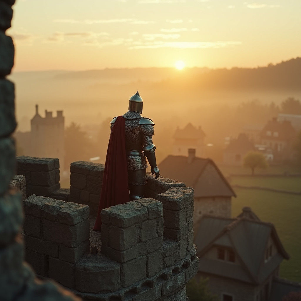 Knight Observes Village at Dawn: Cinematic Film Still