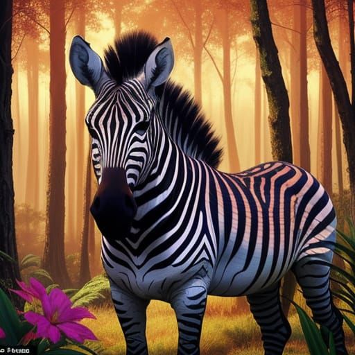 Surreal Zebra in Vibrant Forest at Golden Hour