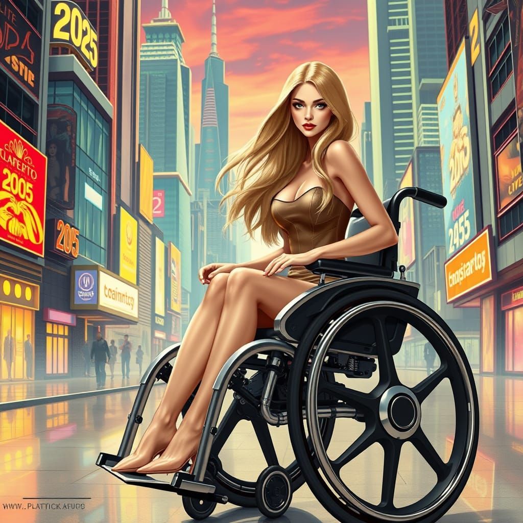 Elegant Blonde Woman in Futuristic Wheelchair Amidst Modern ...