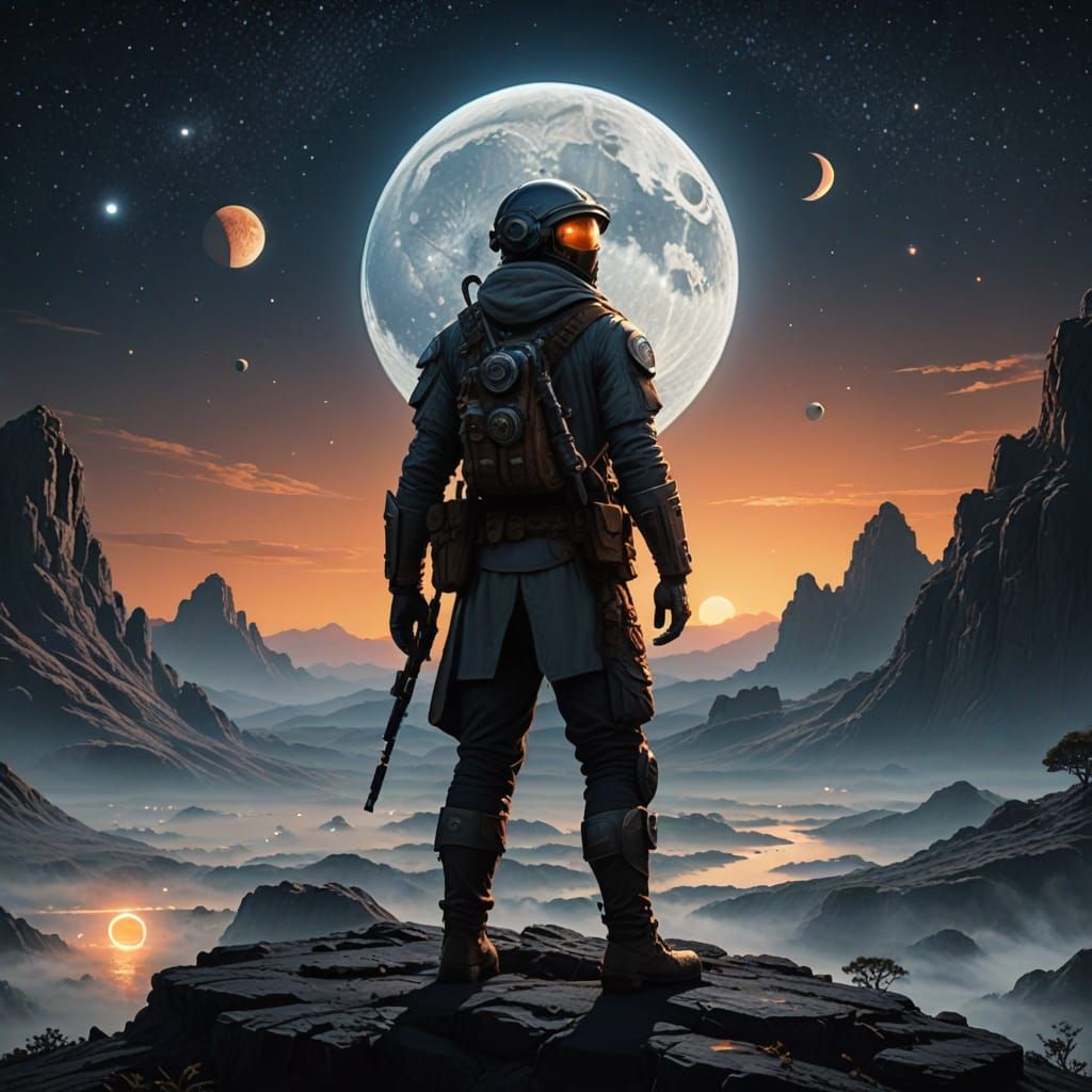 Brave Explorer on Distant Moon with Twin Suns