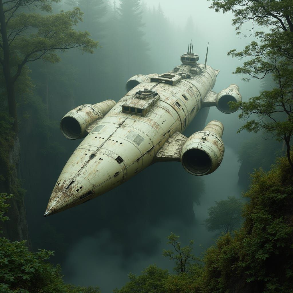 Futuristic White Spaceship Wreck in Enchanted Forest